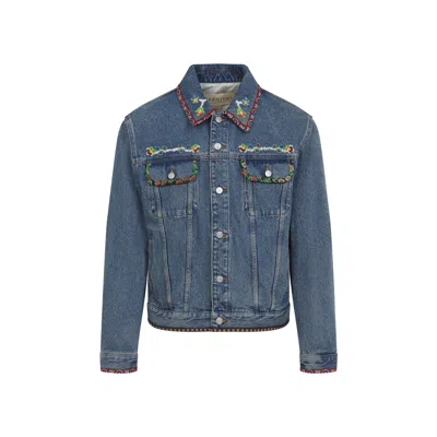 Valentino Denim Jacket With Multicolor Embroidery In Blue