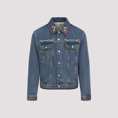 Valentino Denim Jacket With Multicolor Embroidery In Blue