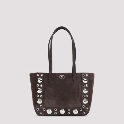 Valentino Studded Suede Double Handles Shoulder Bag In Brown