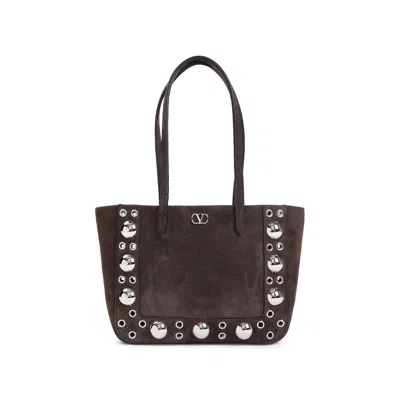 Valentino Studded Suede Double Handles Shoulder Bag In Brown
