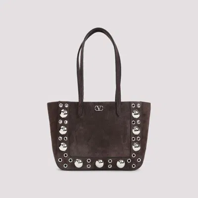 Valentino Studded Suede Double Handles Shoulder Bag In Brown