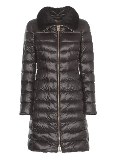 Herno Quilted Long Down Jacket With Plush Collar In Brown