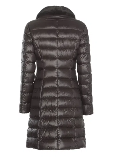 Herno Quilted Long Down Jacket With Plush Collar In Brown