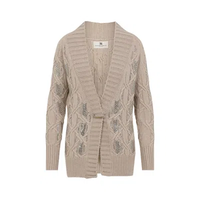 Ermanno Scervino Cable Knit Cardigan Crystal Embellishments In Brown
