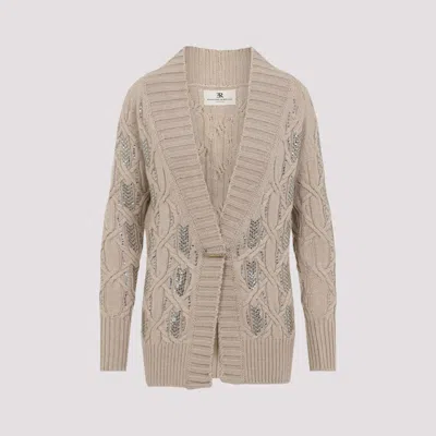 Ermanno Scervino Cable Knit Cardigan Crystal Embellishments In Brown