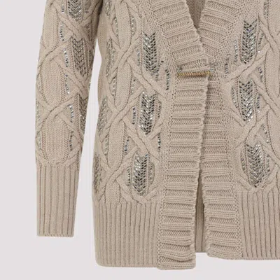 Ermanno Scervino Cable Knit Cardigan Crystal Embellishments In Brown