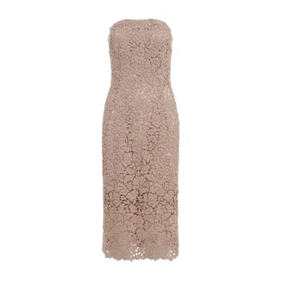 Ermanno Scervino Strapless Midi Dress With Floral Embroidery In Brown