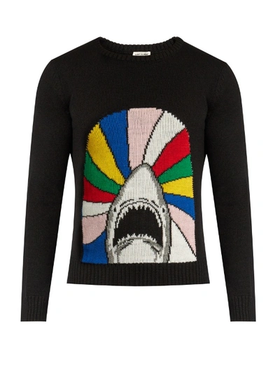 Saint Laurent Shark Intarsia-knit Wool Sweater In Black