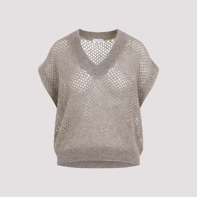 Brunello Cucinelli Openwork Knit Design Vest With Sequins In Neutral