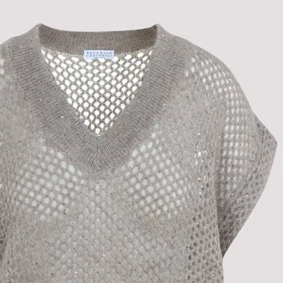 Brunello Cucinelli Openwork Knit Design Vest With Sequins In Neutral