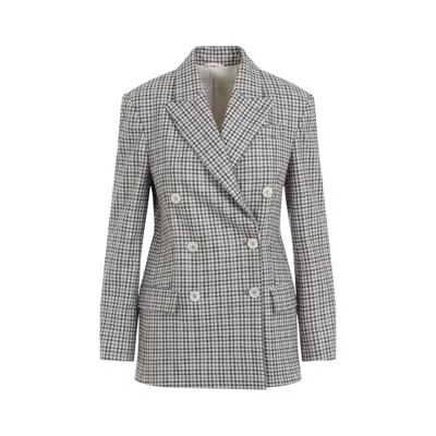 Brunello Cucinelli Beige Double-breasted Jacket With Peak Revers And All-over Check Motif In Wool Woman In Gray