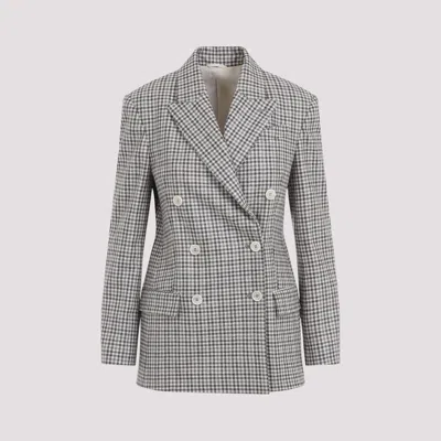 Brunello Cucinelli Beige Double-breasted Jacket With Peak Revers And All-over Check Motif In Wool Woman In Gray