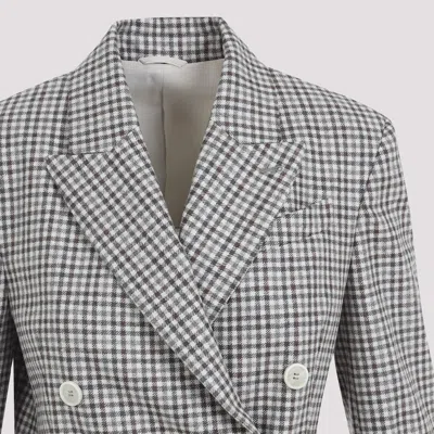 Brunello Cucinelli Beige Double-breasted Jacket With Peak Revers And All-over Check Motif In Wool Woman In Gray