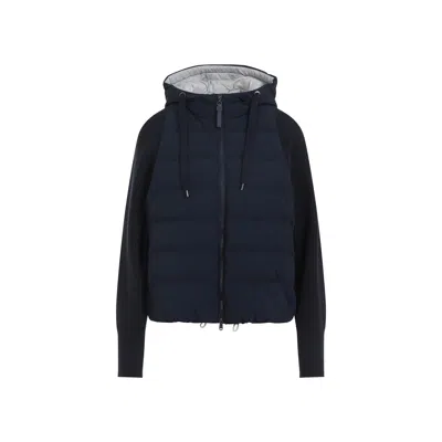 Brunello Cucinelli Quilted Puffer Jacket With Ribbed Sleeves In Blue