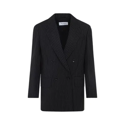 Max Mara Black Pinstriped Double-breasted Wool Jacket In Black
