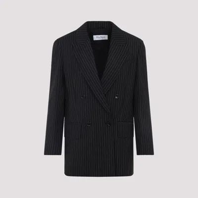 Max Mara Black Pinstriped Double-breasted Wool Jacket In Black