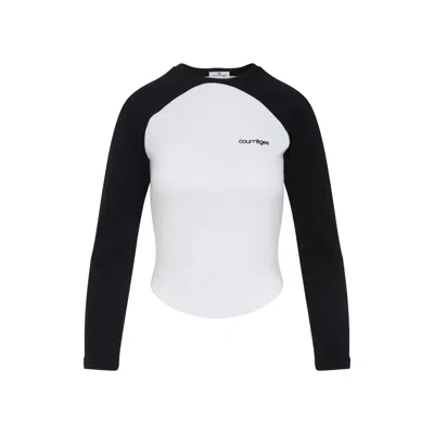 Courrèges Long-sleeved Contrast T-shirt With Rounded Hem And Logo Print In White