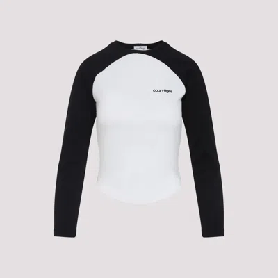 Courrèges Long-sleeved Contrast T-shirt With Rounded Hem And Logo Print In White