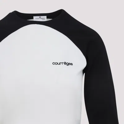 Courrèges Long-sleeved Contrast T-shirt With Rounded Hem And Logo Print In White