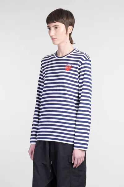 Comme Des Garçons Play Striped Navy And White T-shirt With Crystal Heart In Blue