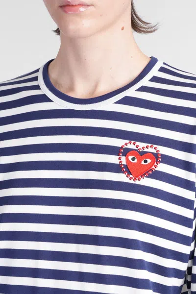 Comme Des Garçons Play Striped Navy And White T-shirt With Crystal Heart In Blue