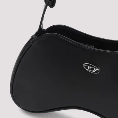 Diesel Curved Leather Handbag With Adjustable Strap In Black