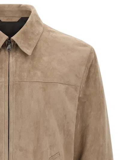 Brioni Classic Suede Blouson With Cupro Lining In Sand