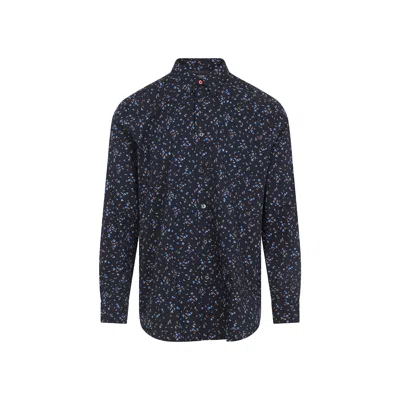 Paul Smith Floral Patterned Cotton Shirt With Classic Collar In Blue
