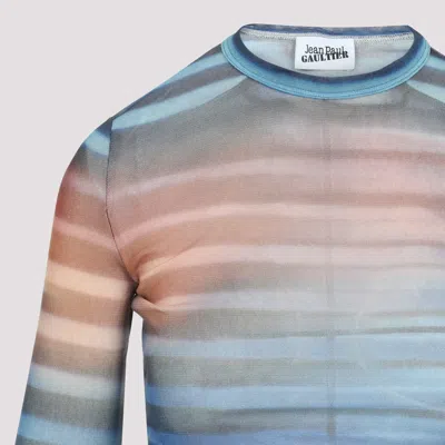 Jean Paul Gaultier Air Print Striped Mesh Crew Neck Top In Multi