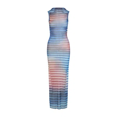 Jean Paul Gaultier Mesh Printed "air" Long Dress In Blue