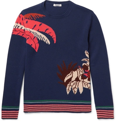 Valentino Cuban Floral Intarsia Cashmere Sweater In Navy