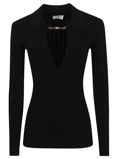 Elisabetta Franchi Deep V-neck Sweater With Gold Accent And Ribbed Texture In Black