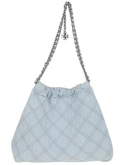 Tory Burch 'fleming' Grey Diamond Quilted Shoulder Bag With Chain-link Handles In Leather Woman In Gray