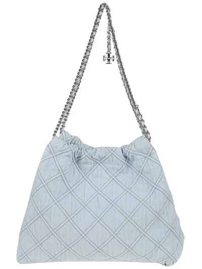 Tory Burch 'fleming' Grey Diamond Quilted Shoulder Bag With Chain-link Handles In Leather Woman In Gray