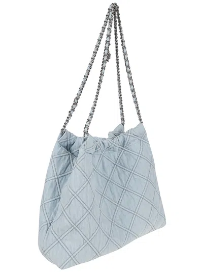 Tory Burch 'fleming' Grey Diamond Quilted Shoulder Bag With Chain-link Handles In Leather Woman In Gray