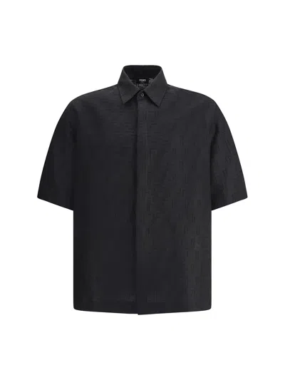 Fendi Men Black Oversize Shirt With Short Wide Sleeves And All-over Ff Embroidery In Linen Blend Man In Black