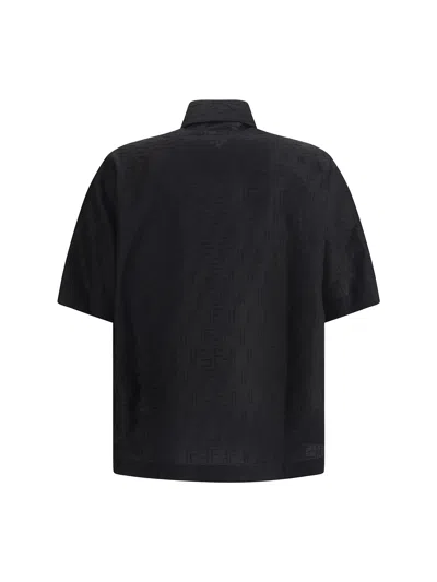 Fendi Men Black Oversize Shirt With Short Wide Sleeves And All-over Ff Embroidery In Linen Blend Man In Black