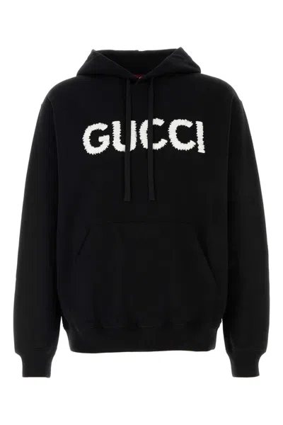 Gucci Men Black Hoodie With Embroidered Logo On The Front In Cotton Man In Black