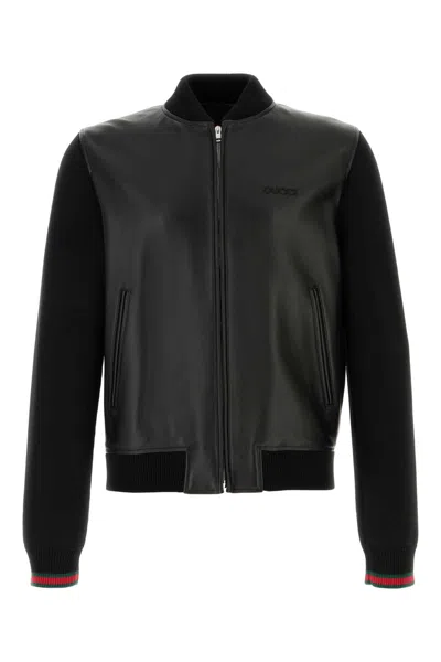 Gucci Black Bomber Jacket With Front Logo In Nappa Leather And Mesh Man In Animal Print