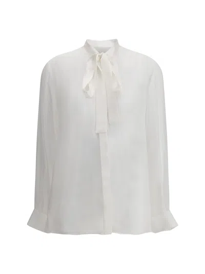 Dolce & Gabbana Long Sleeve Top With Bow And Pleats In White