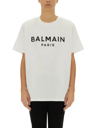 Balmain White Crewneck T-shirt With Contrasting Logo Lettering Print In Cotton In White