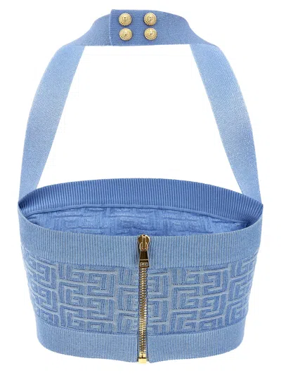 Balmain Knit Halterneck Top With Pb Labyrinth Monogram In Blue