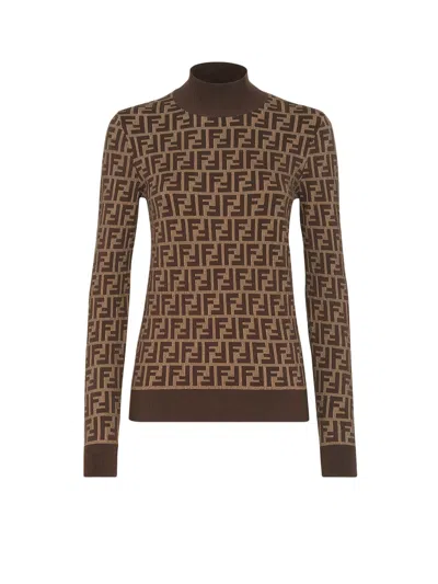 Fendi Ff Jacquard Turtleneck Sweater In Brown