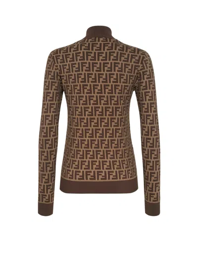 Fendi Ff Jacquard Turtleneck Sweater In Brown