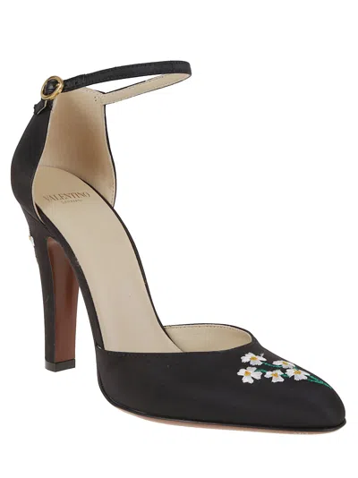 Valentino Floral Embroidered Round Toe Ankle Strap Pumps In Black