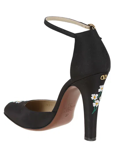 Valentino Floral Embroidered Round Toe Ankle Strap Pumps In Black