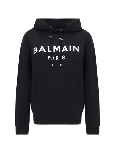 Balmain Logo Printed Drawstring Hoodie In Black