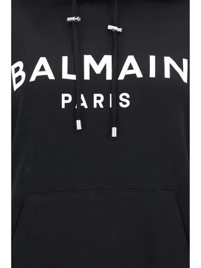 Balmain Logo Printed Drawstring Hoodie In Black