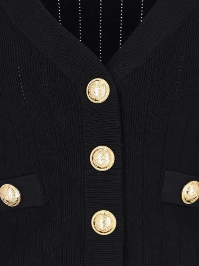 Balmain Structured Shoulder Black V-neck Cardigan With Decorative Buttons In Black