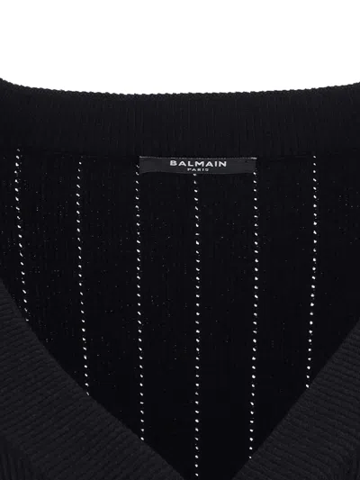 Balmain Structured Shoulder Black V-neck Cardigan With Decorative Buttons In Black